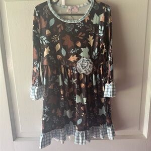 Floral Patterned Kids Casual Dress - Brown and Blue